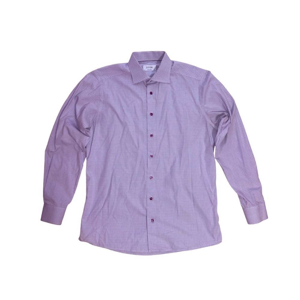 ETON Button Down Shirt Mens 16.5 Purple Contemporary Poplin Micro Check Dress